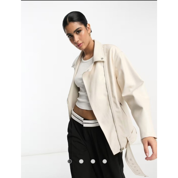 ASOS DESIGN longline oversized faux leather biker jacket in ecru Size 14 - Picture 4 of 15